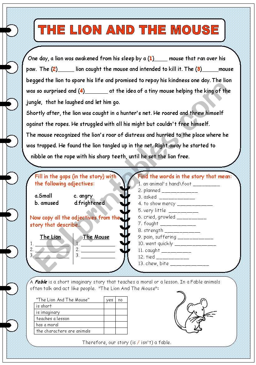 fable: the lion and the mouse worksheet