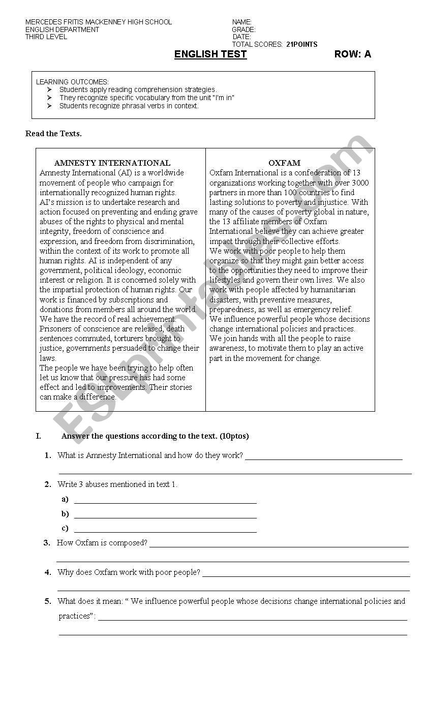 AMNESTY INTERNATIONAL worksheet