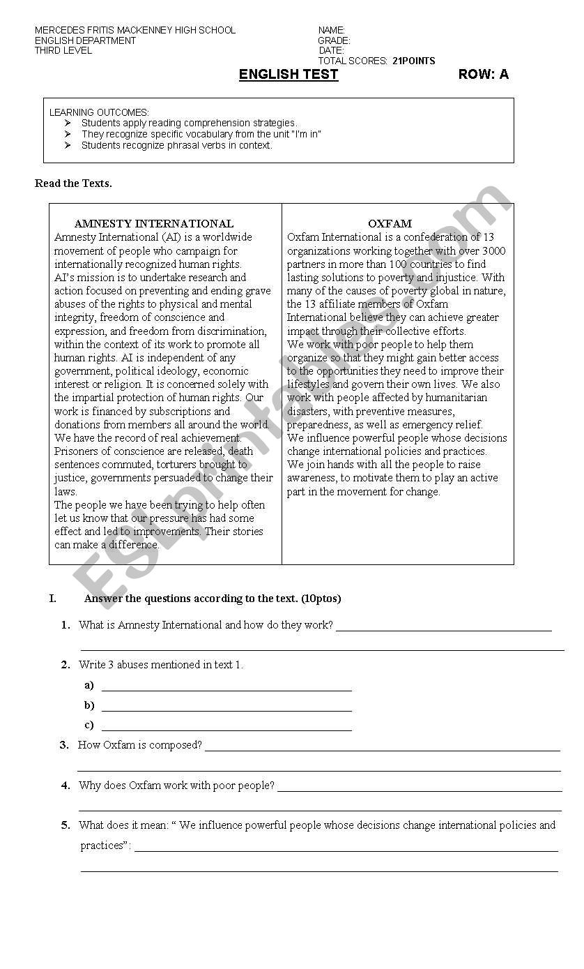 AMNESTY INTERNATIONAL worksheet