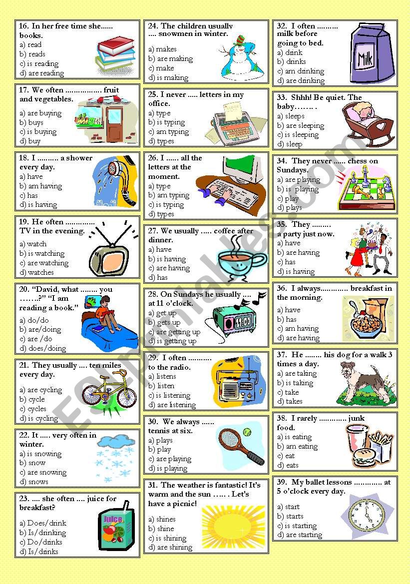 Present Simple versus Present Continuous (part 2/2 B&W version included)