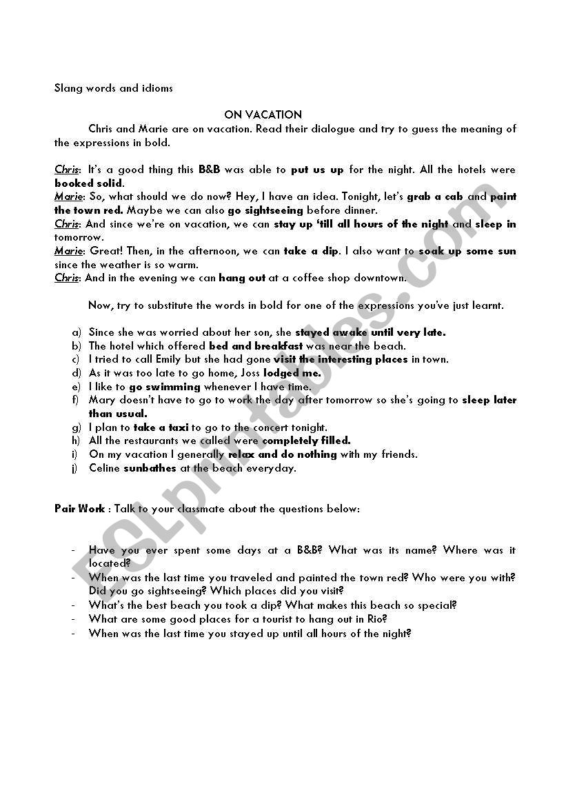 Traveling slang and idioms worksheet