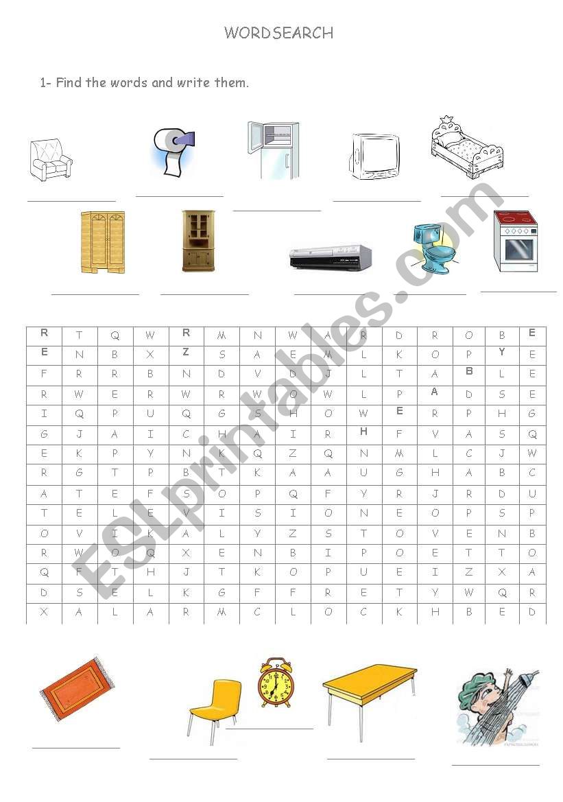 House furniture wordsearch worksheet