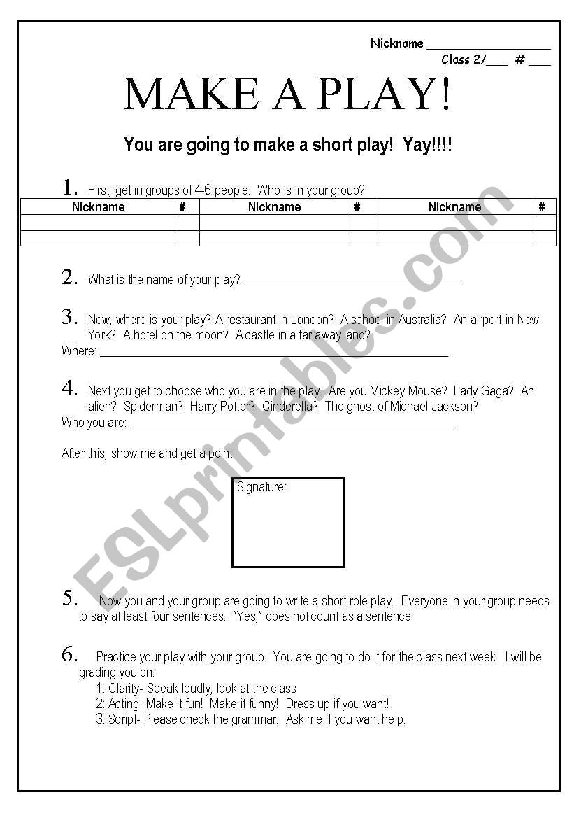 Make a short play - ESL worksheet by jessafish