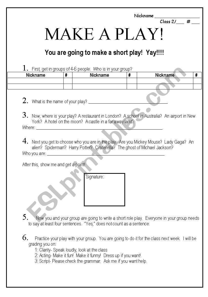 Make a short play worksheet