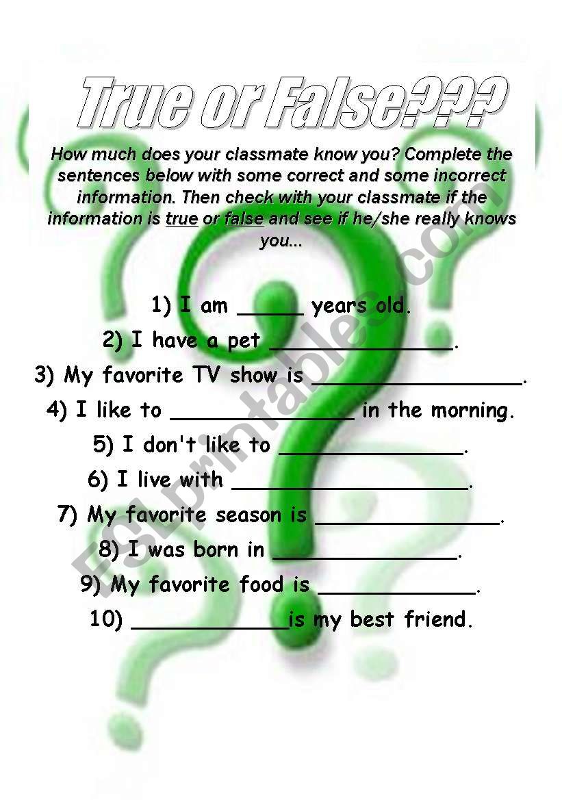 True or False? worksheet