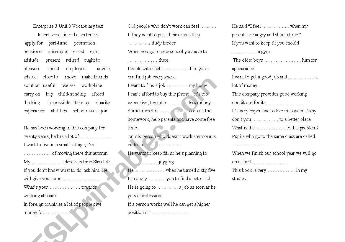 Enterprise 3 Unit 8 vocabulary test