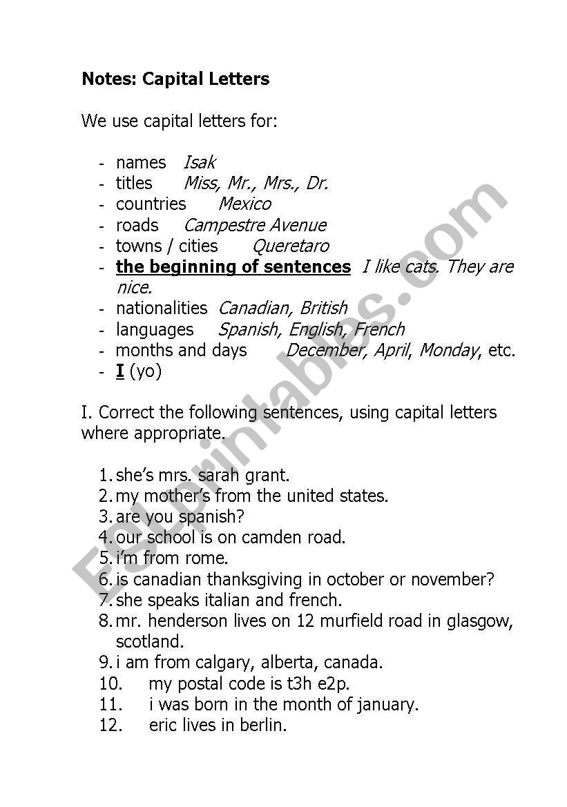 Capital Letters worksheet