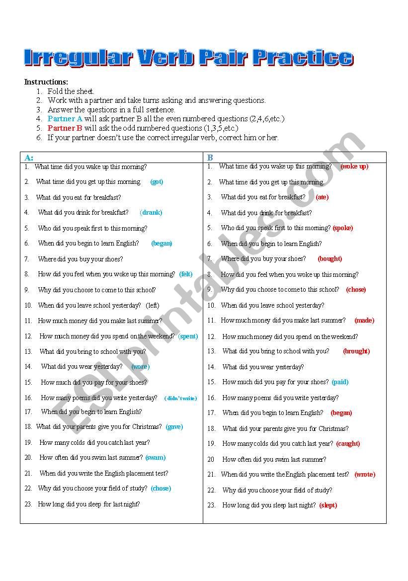 Irregular Verb Pair Practice worksheet