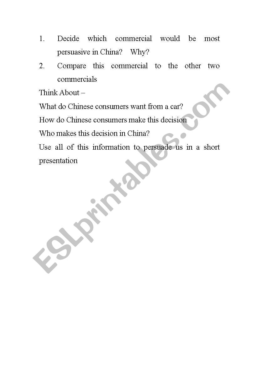 Chinese Car Commercials worksheet