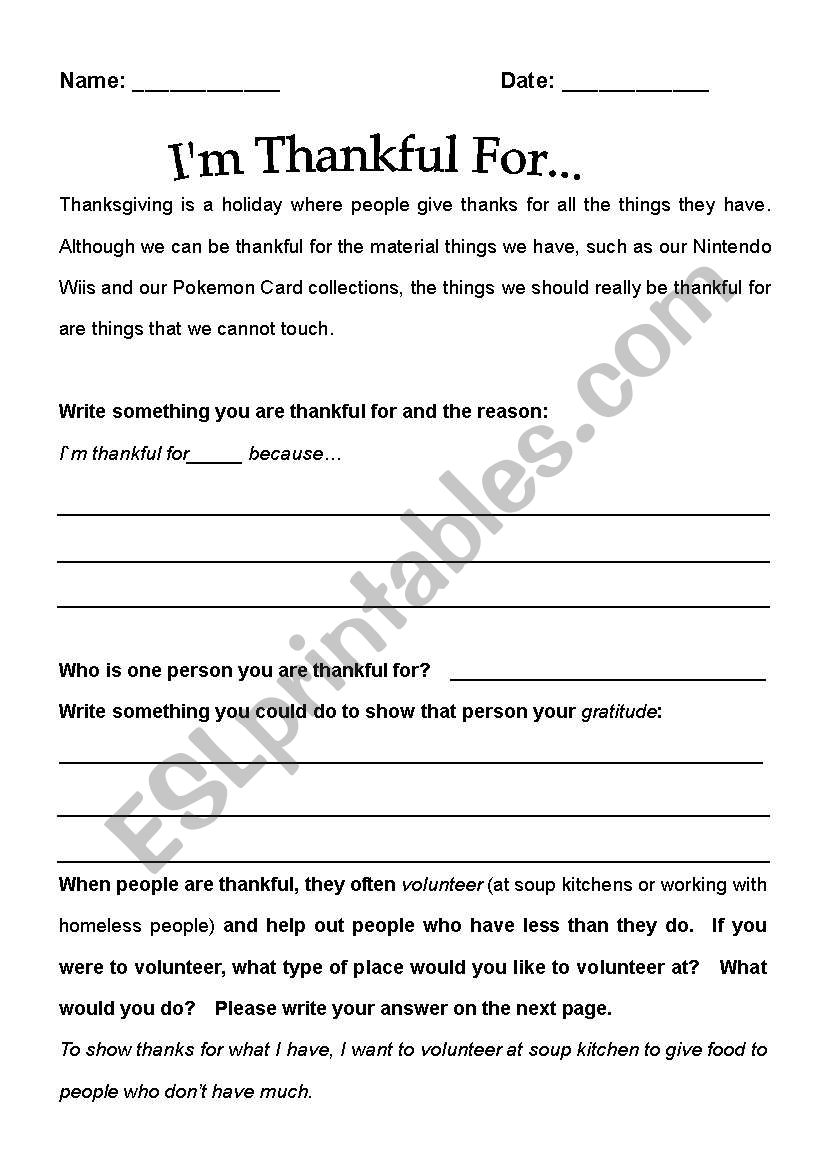 What I am Thankful For worksheet