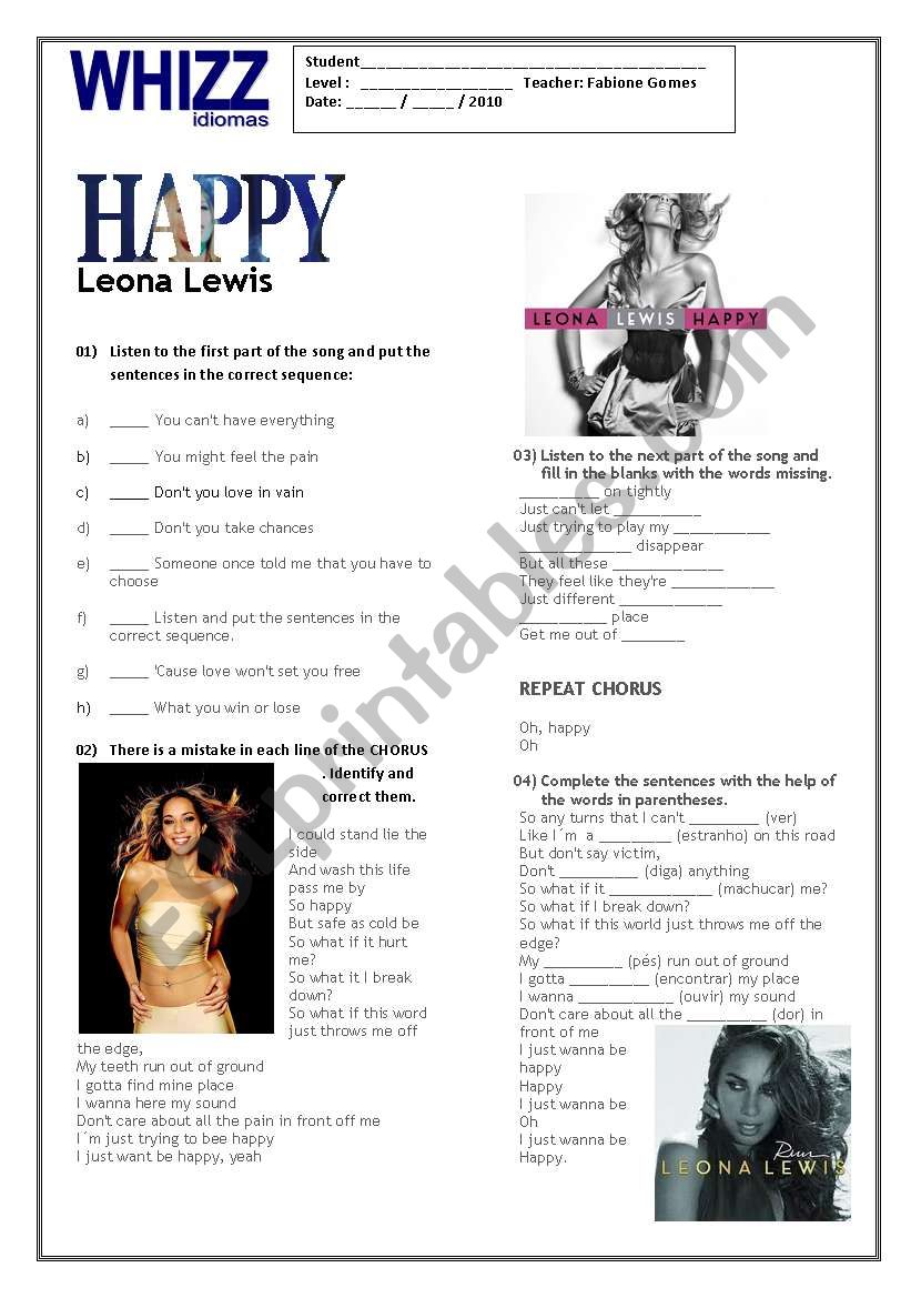 Song: HAPPY by Leona Lewis worksheet