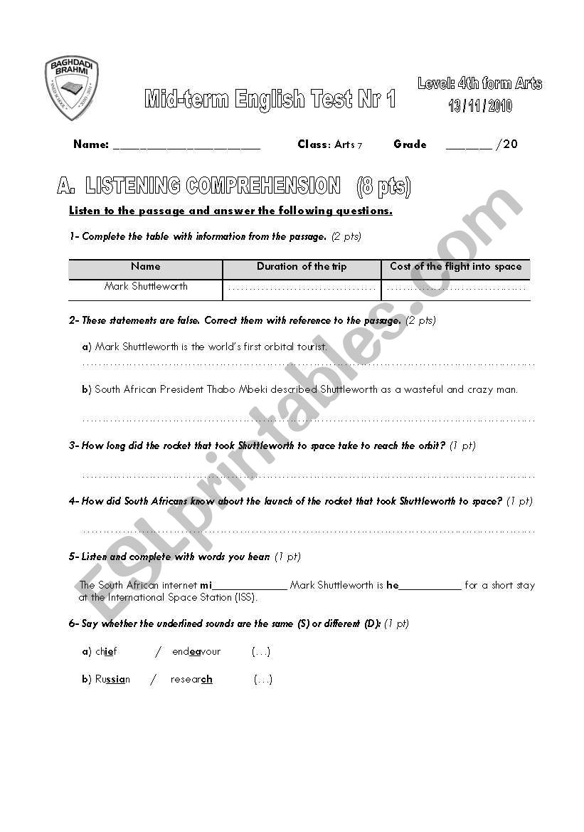 Mid-term English Test Nr 1 (4th formers_Arts)