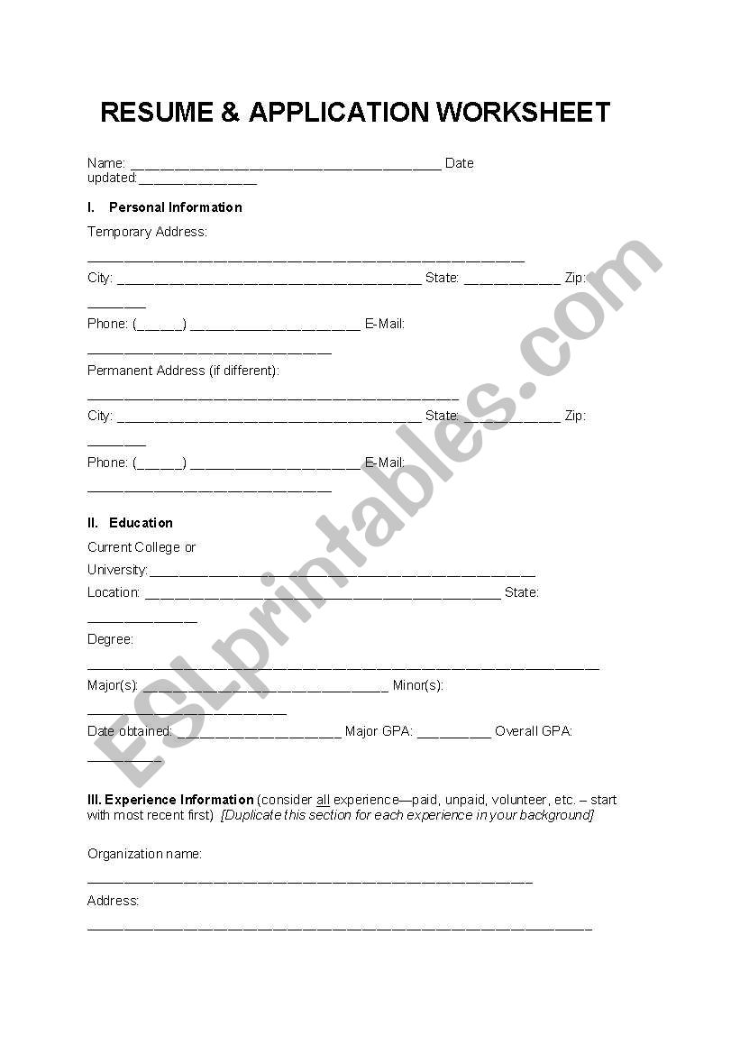 RESUME & APPLICATION WORKSHEET