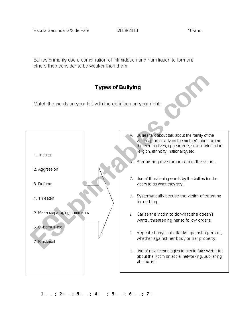 Bullying Terms worksheet