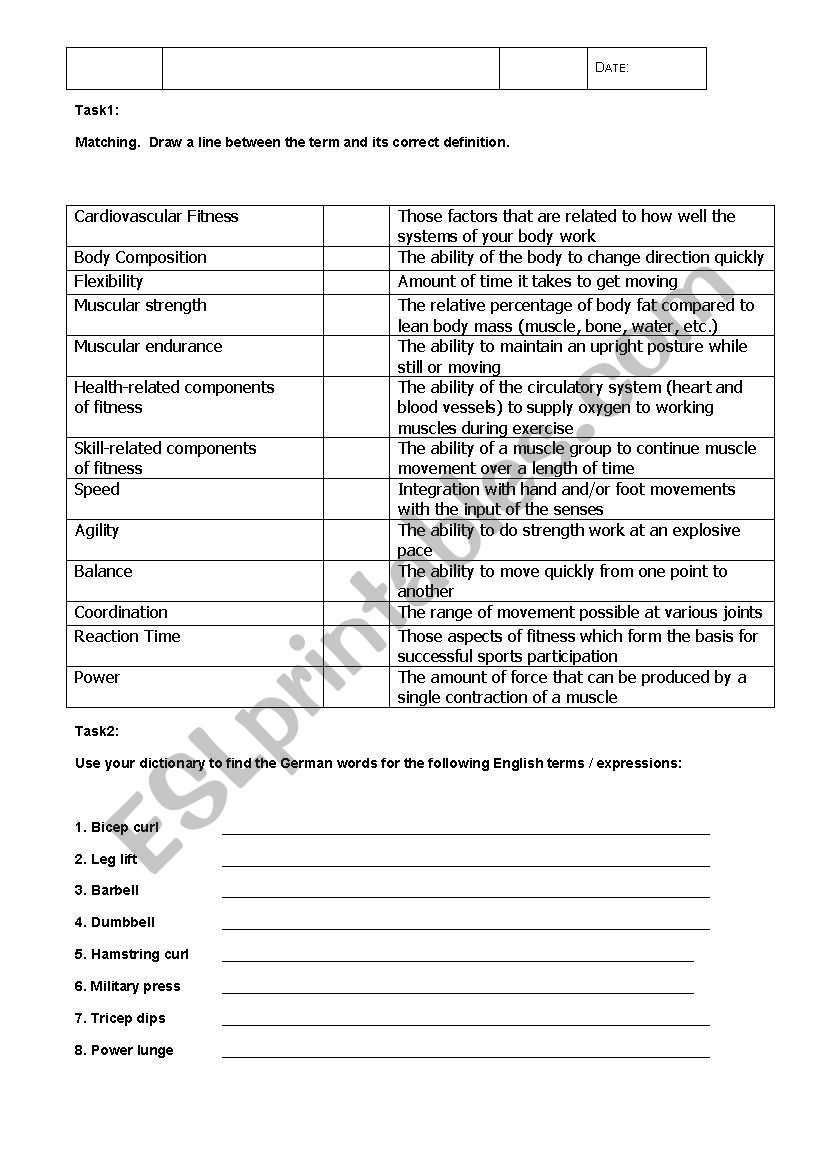 Sport definitions worksheet