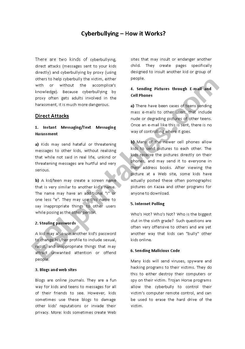 Cyberbullying worksheet