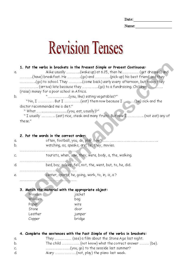 Revision Tenses worksheet