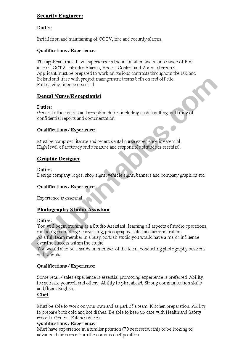 Job Adverts worksheet