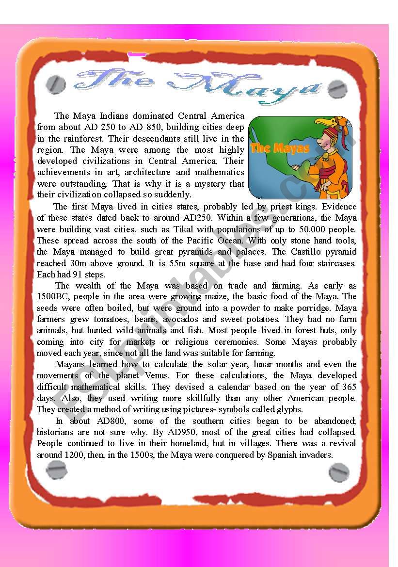 Reading - The Maya worksheet