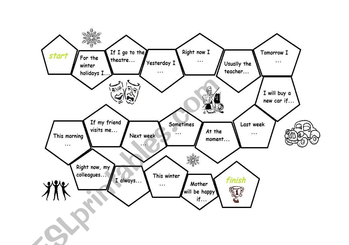 Tenses revision board game worksheet