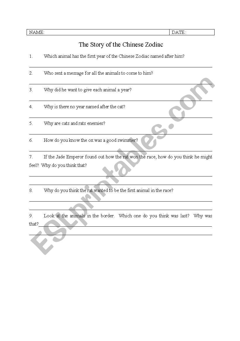 Chinese New Year Questions worksheet