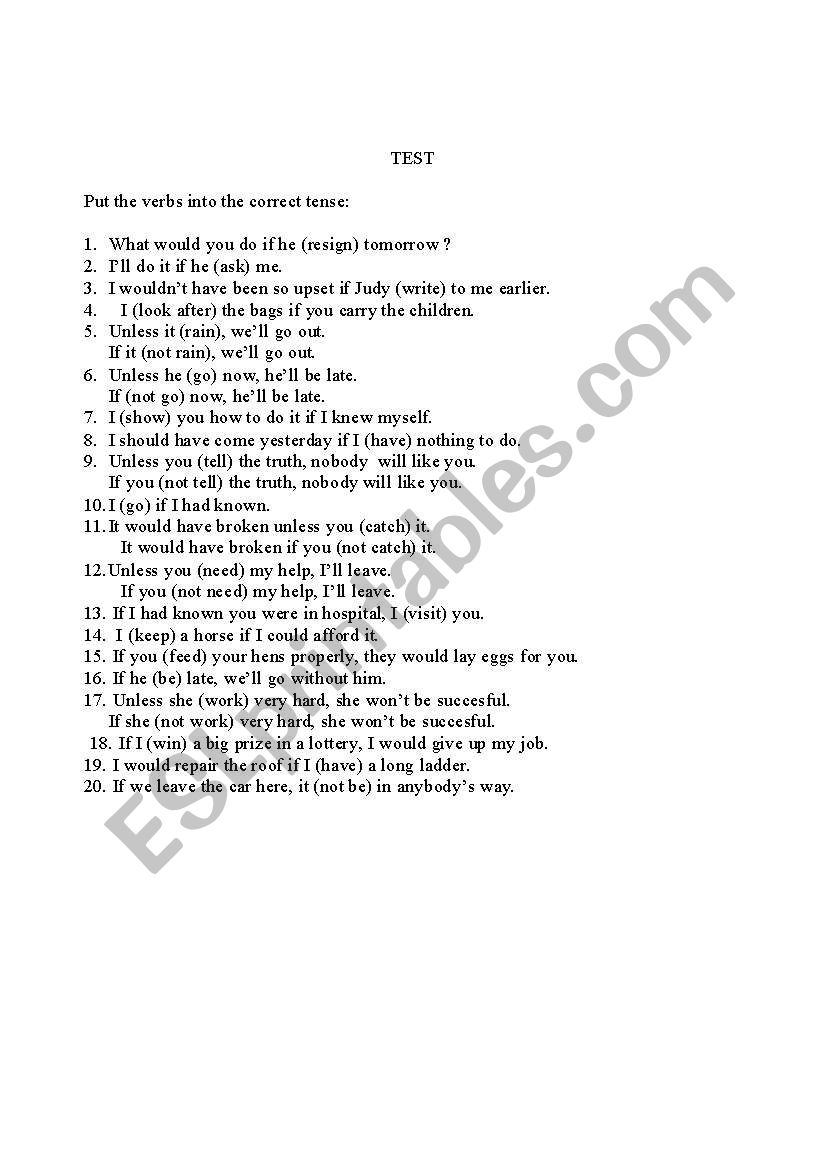 test conditionals worksheet