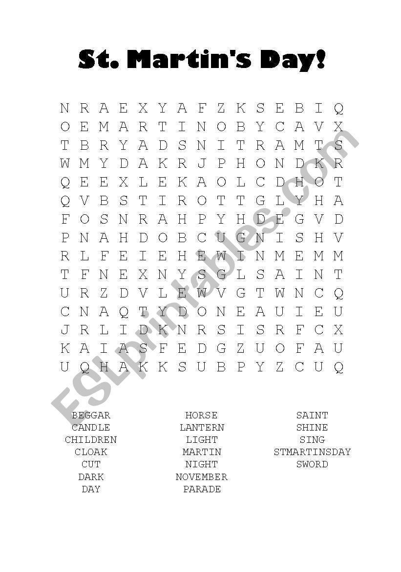 St. Martins Day word search worksheet