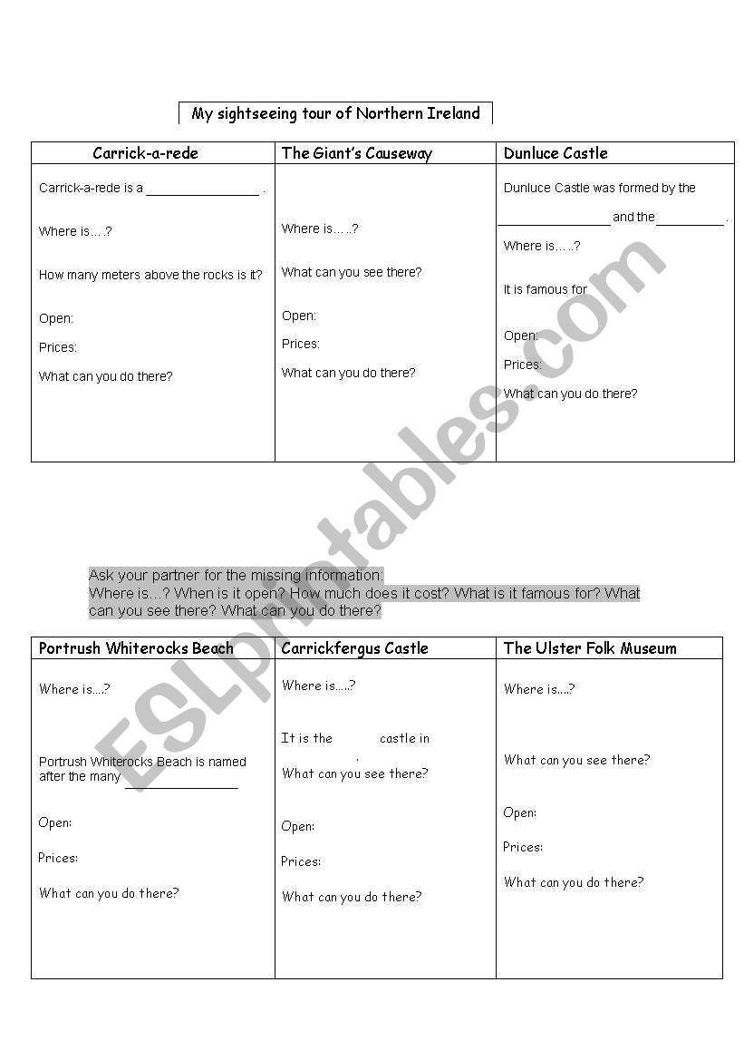 Sightseeing Northern Ireland worksheet