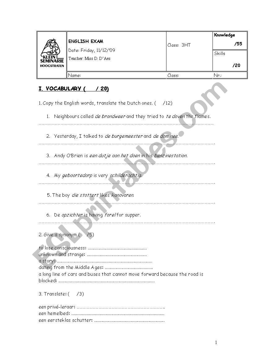 English exam Christmas 2nd year students