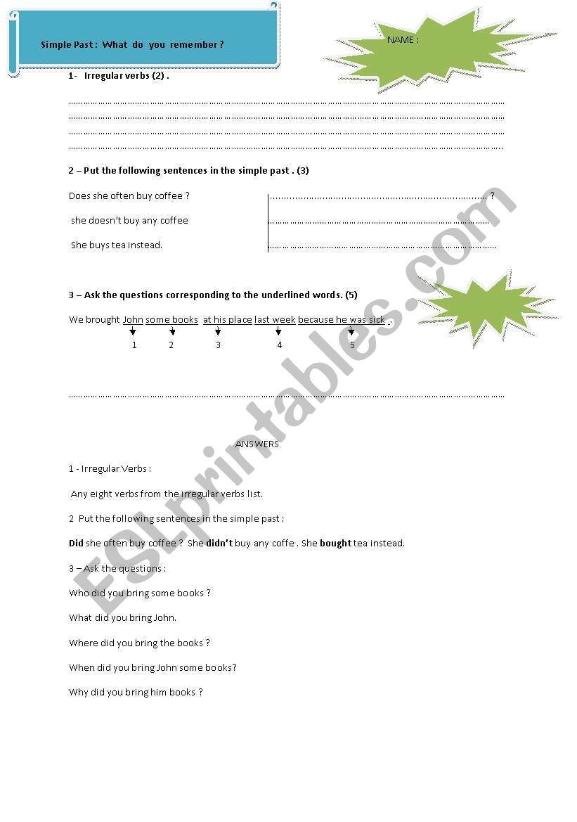 SIMPLE PAST : MINI TEST worksheet