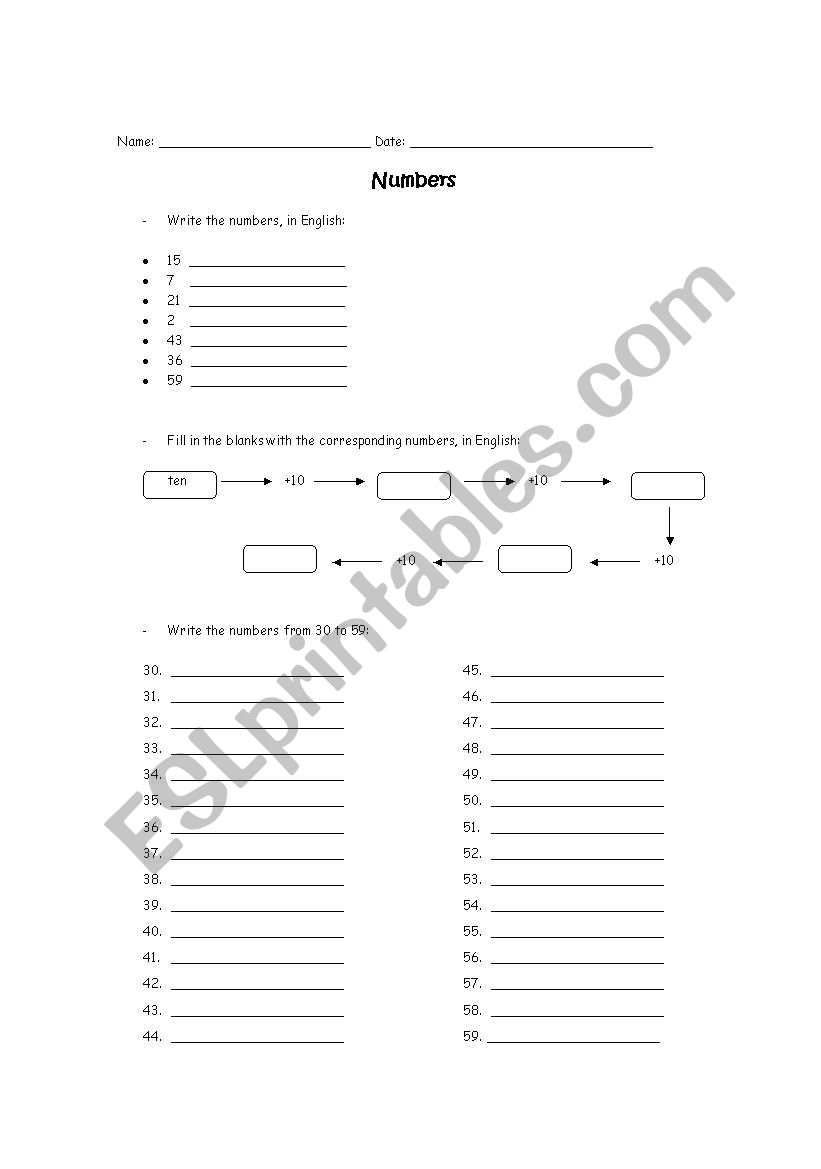 Numbers (1-59) worksheet