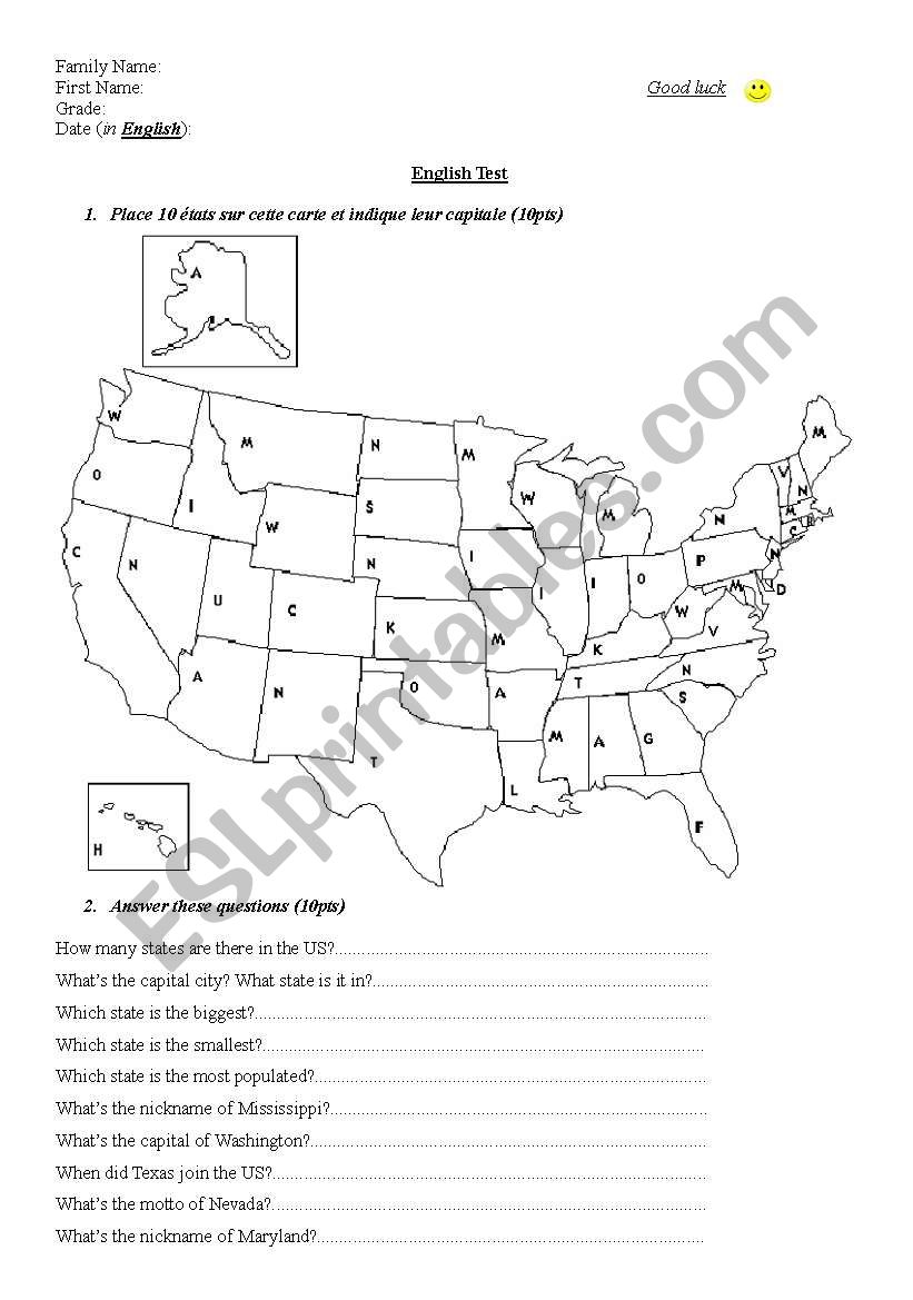 Test The US states worksheet
