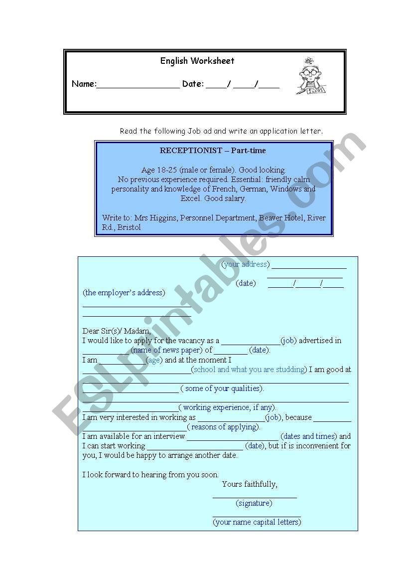 application letter worksheet