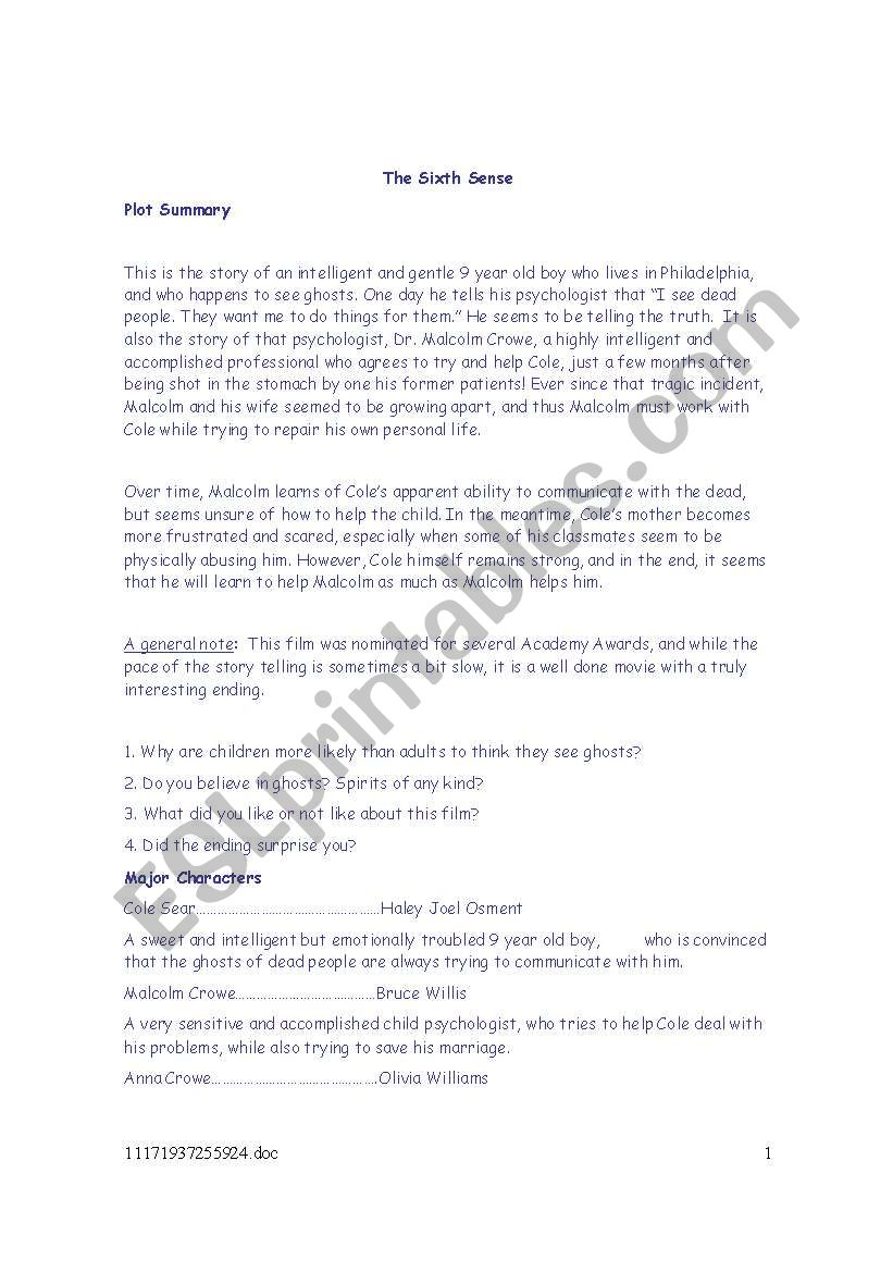 The Sixth Sense worksheet