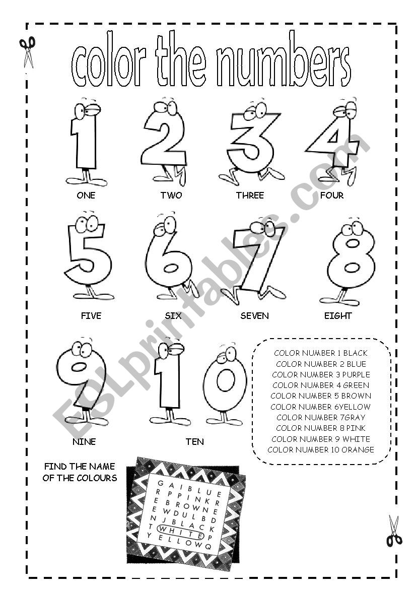 Color the numbers (1-10) - ESL worksheet by lolelozano