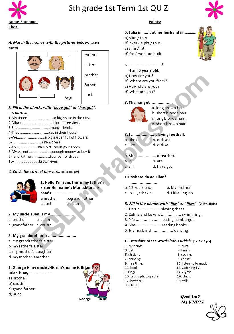 Quiz for the 6th Grade worksheet