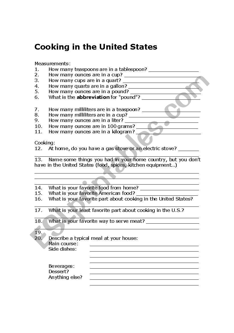 Cooking in the United States worksheet