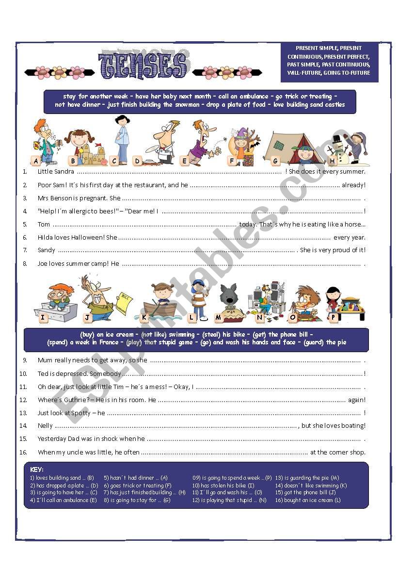TENSES - match and fill in! worksheet