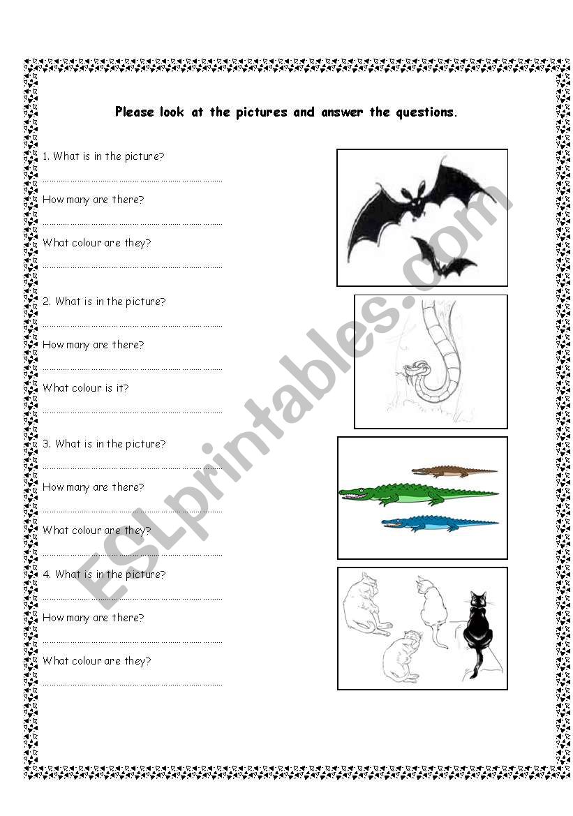 Animals, colours and numbers worksheet