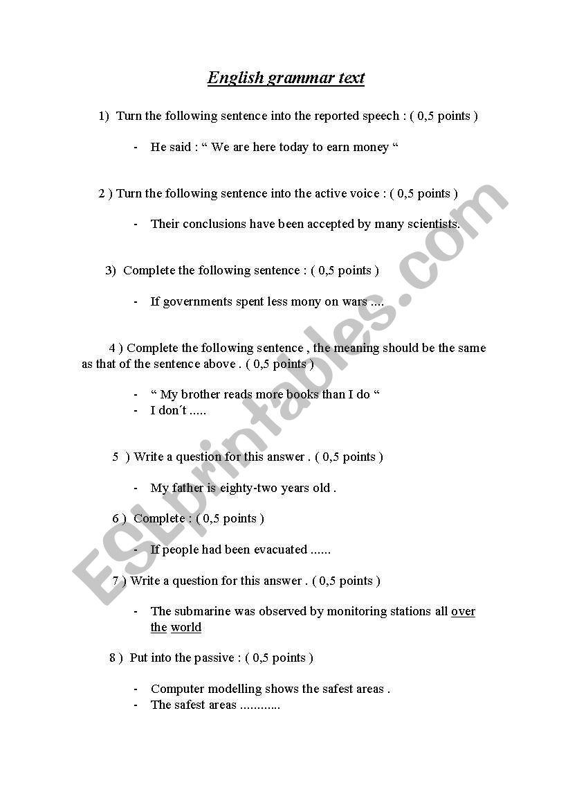 English grammar test worksheet