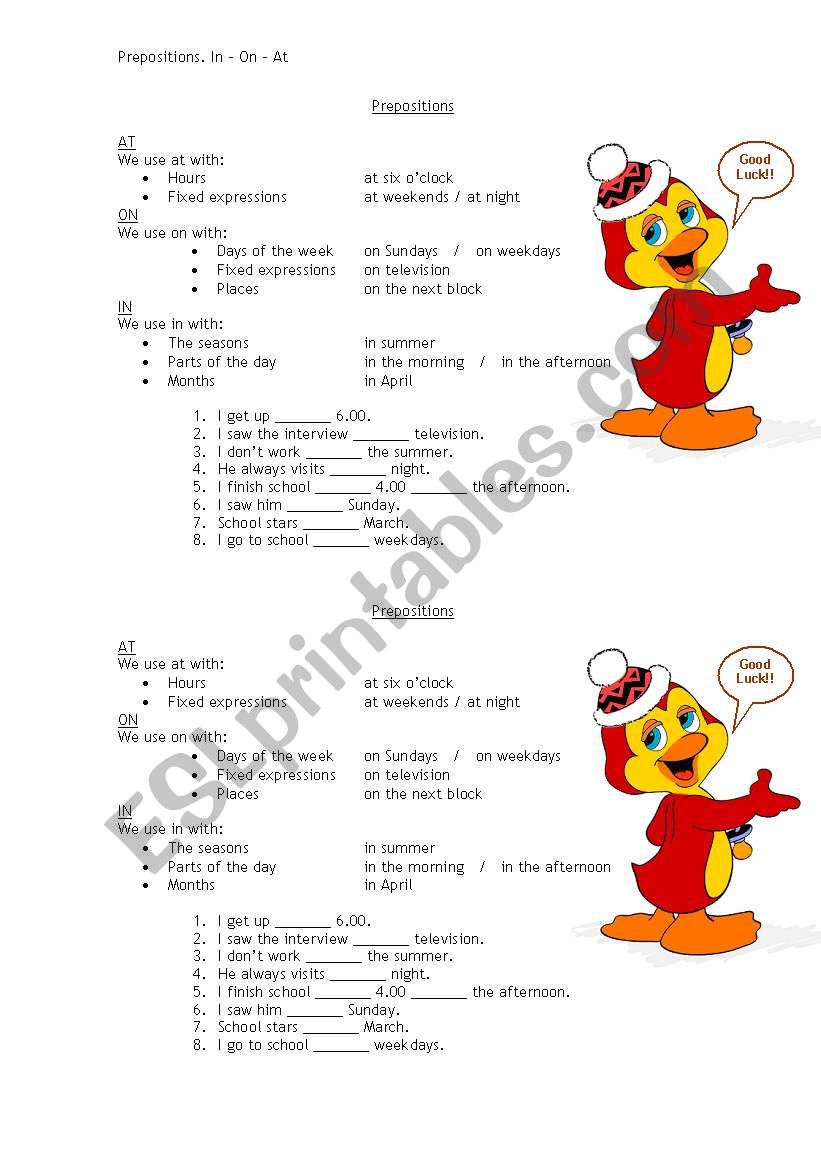 prepositions in on at worksheet