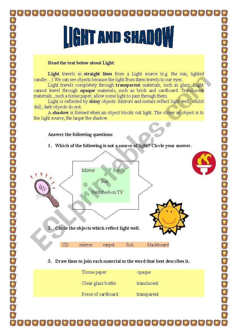 Light and shadow worksheet worksheet