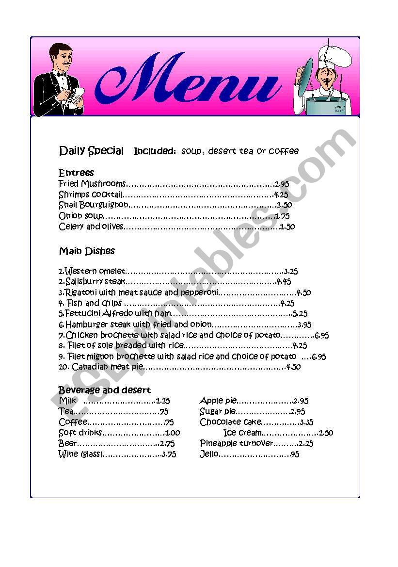 Menu worksheet