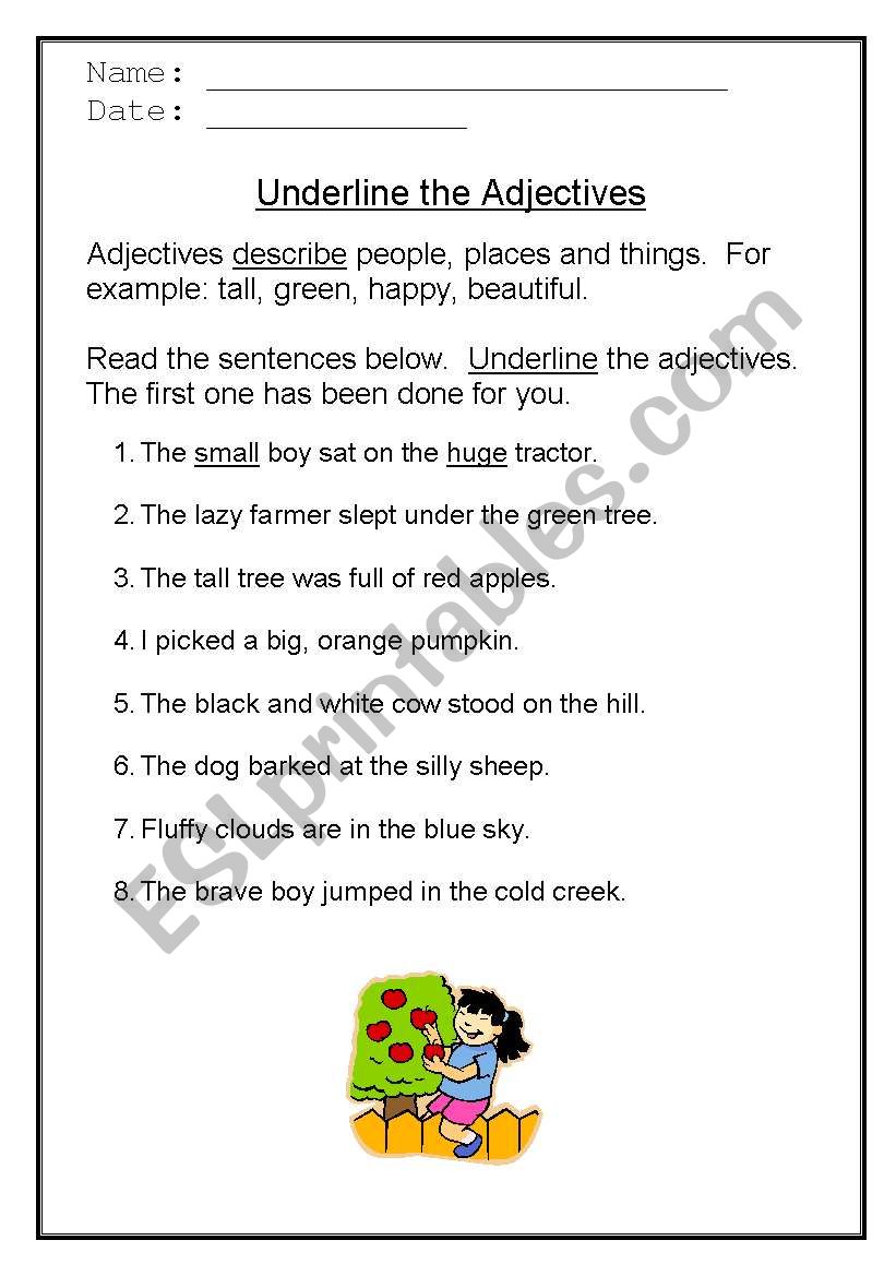 English Worksheets Underline The Adjectives