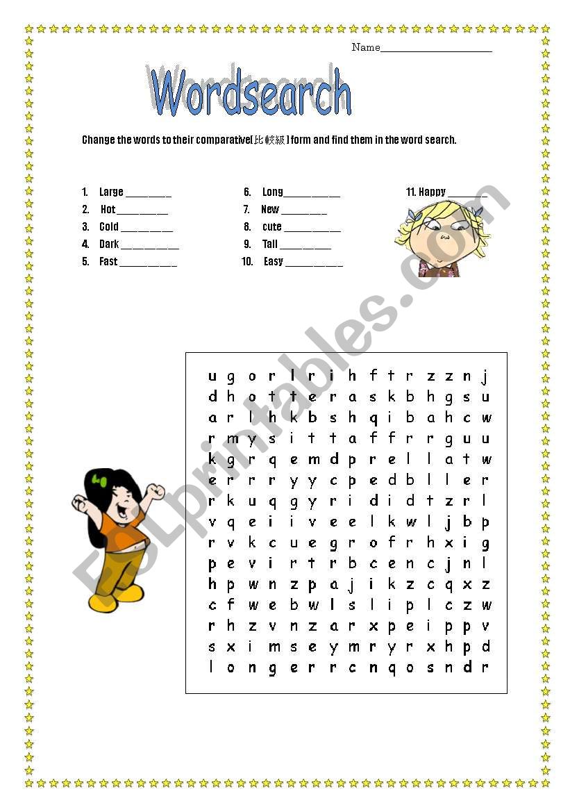 Comparatives wordsearch worksheet