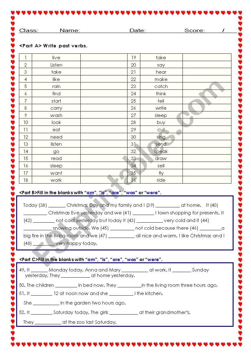 Past Tense Test sheet/ worksheet