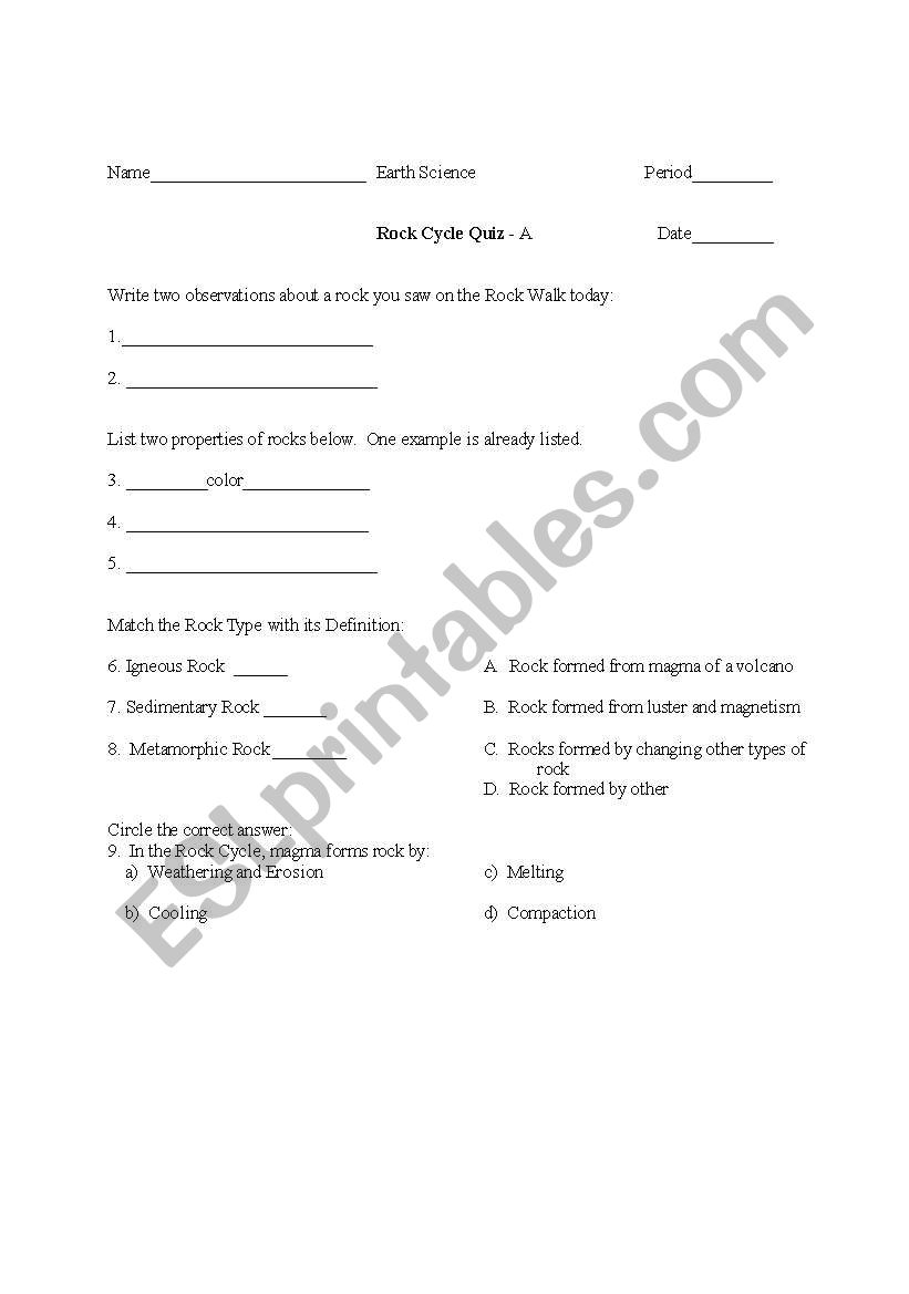 Rock Cycle Quiz worksheet