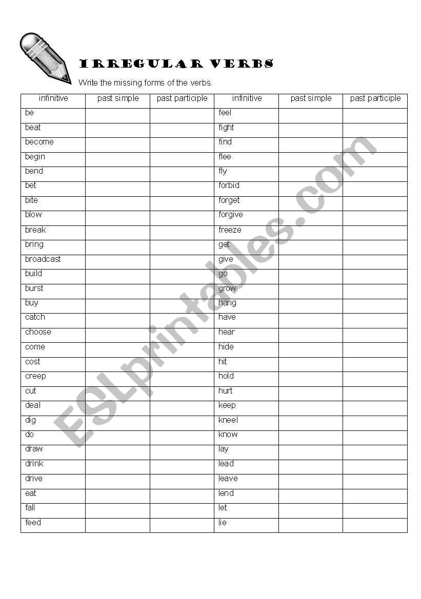 Irregular Verb List worksheet