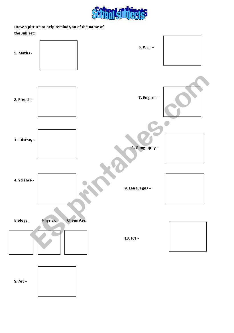 School subjects worksheet