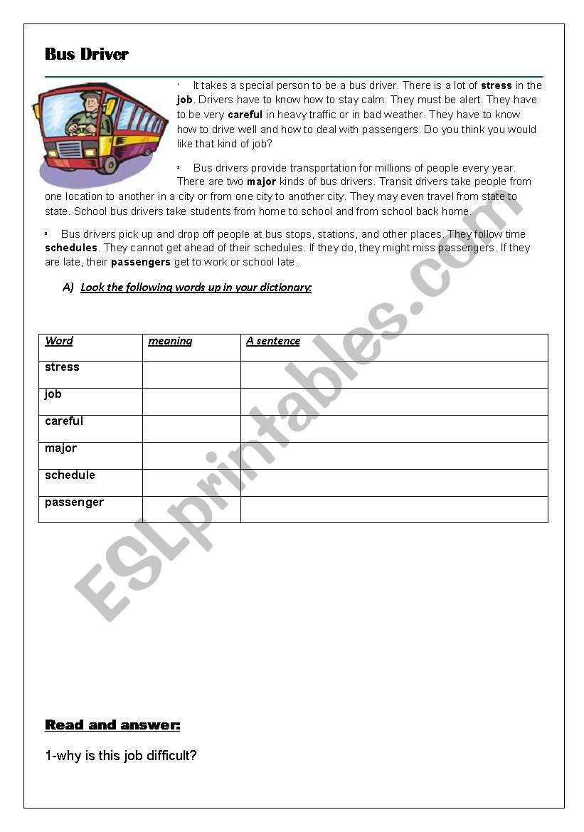 Bus driver worksheet